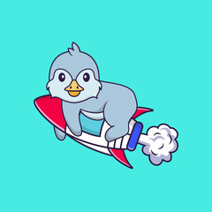 Cute bird flying on rocket. Animal cartoon concept isolated. Can used for t-shirt, greeting card, invitation card or mascot. Flat Cartoon Style