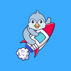 Cute bird flying on rocket. Animal cartoon concept isolated. Can used for t-shirt, greeting card, invitation card or mascot. Flat Cartoon Style