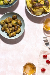 Assortment of potato, fried, cooked, chips and french fries snacks