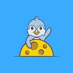 Cute bird is on the moon. Animal cartoon concept isolated. Can used for t-shirt, greeting card, invitation card or mascot. Flat Cartoon Style