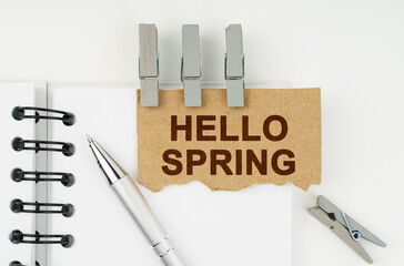 On a white background lies a notebook, a pen, clothespins and cardboard with the inscription - Hello Spring