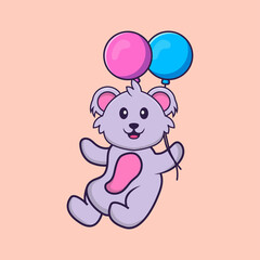 Cute koala flying with two balloons. Animal cartoon concept isolated. Can used for t-shirt, greeting card, invitation card or mascot. Flat Cartoon Style