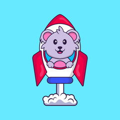 Cute koala flying on rocket. Animal cartoon concept isolated. Can used for t-shirt, greeting card, invitation card or mascot. Flat Cartoon Style
