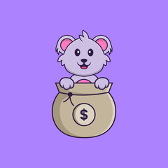 Cute koala playing in money bag. Animal cartoon concept isolated. Can used for t-shirt, greeting card, invitation card or mascot. Flat Cartoon Style