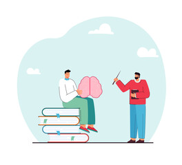 Student sitting on books, studying structure of brain at lesson. Male teacher with pointer explaining material on anatomy flat vector illustration. Education, knowledge, biology concept