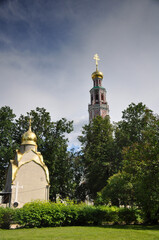 Orthodox Christian church in sunny summer weather. Monastery, religion, architecture, travel, summer
