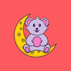 Cute koala is sitting on the moon. Animal cartoon concept isolated. Can used for t-shirt, greeting card, invitation card or mascot. Flat Cartoon Style