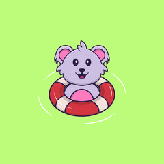 Cute koala is Swimming with a buoy. Animal cartoon concept isolated. Can used for t-shirt, greeting card, invitation card or mascot. Flat Cartoon Style