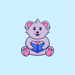 Cute koala reading a book. Animal cartoon concept isolated. Can used for t-shirt, greeting card, invitation card or mascot. Flat Cartoon Style