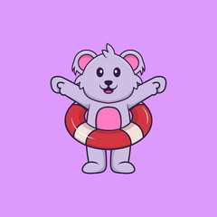 Cute koala using a float. Animal cartoon concept isolated. Can used for t-shirt, greeting card, invitation card or mascot. Flat Cartoon Style