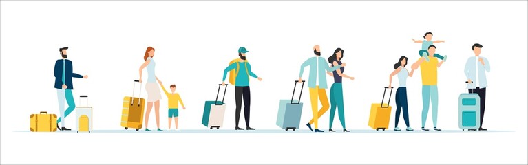 Travel. People at the airport fly on a journey. Summer rest. Family travel. Vacation with friends. Vector illustration.