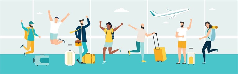 Travel. People at the airport fly on a journey. Summer rest. Happy inviting people. Vacation with friends. Vector illustration.