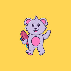 Cute koala holding a skateboard. Animal cartoon concept isolated. Can used for t-shirt, greeting card, invitation card or mascot. Flat Cartoon Style