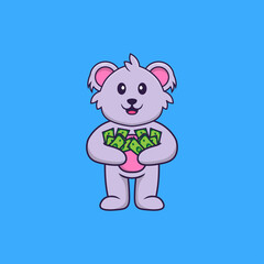 Cute koala holding money. Animal cartoon concept isolated. Can used for t-shirt, greeting card, invitation card or mascot. Flat Cartoon Style