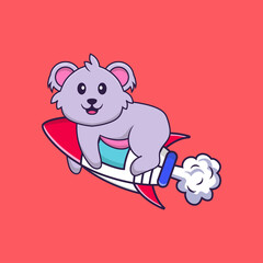 Cute koala flying on rocket. Animal cartoon concept isolated. Can used for t-shirt, greeting card, invitation card or mascot. Flat Cartoon Style