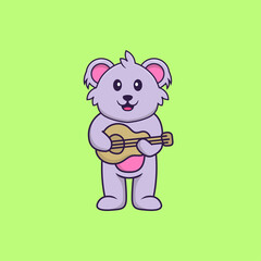 Cute koala playing guitar. Animal cartoon concept isolated. Can used for t-shirt, greeting card, invitation card or mascot. Flat Cartoon Style