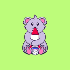 Cute koala holding a rocket. Animal cartoon concept isolated. Can used for t-shirt, greeting card, invitation card or mascot. Flat Cartoon Style