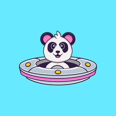 Cute Panda Driving Spaceship Ufo. Animal cartoon concept isolated. Can used for t-shirt, greeting card, invitation card or mascot. Flat Cartoon Style