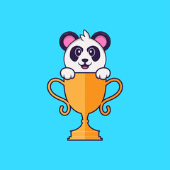 Cute Panda with gold trophy. Animal cartoon concept isolated. Can used for t-shirt, greeting card, invitation card or mascot. Flat Cartoon Style