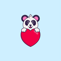 Cute Panda holding a big red heart. Animal cartoon concept isolated. Can used for t-shirt, greeting card, invitation card or mascot. Flat Cartoon Style