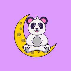 Cute Panda is sitting on the moon. Animal cartoon concept isolated. Can used for t-shirt, greeting card, invitation card or mascot. Flat Cartoon Style