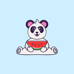 Cute Panda eating watermelon. Animal cartoon concept isolated. Can used for t-shirt, greeting card, invitation card or mascot. Flat Cartoon Style