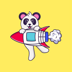 Cute Panda flying on rocket. Animal cartoon concept isolated. Can used for t-shirt, greeting card, invitation card or mascot. Flat Cartoon Style