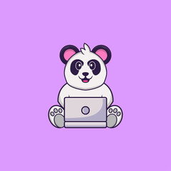 Cute Panda using laptop. Animal cartoon concept isolated. Can used for t-shirt, greeting card, invitation card or mascot. Flat Cartoon Style