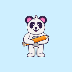 Cute Panda holding a pencil. Animal cartoon concept isolated. Can used for t-shirt, greeting card, invitation card or mascot. Flat Cartoon Style