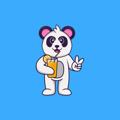 Cute Panda holding orange juice in glass. Animal cartoon concept isolated. Can used for t-shirt, greeting card, invitation card or mascot. Flat Cartoon Style