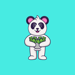 Cute Panda holding money. Animal cartoon concept isolated. Can used for t-shirt, greeting card, invitation card or mascot. Flat Cartoon Style