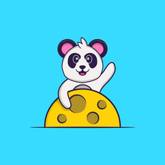 Cute Panda is on the moon. Animal cartoon concept isolated. Can used for t-shirt, greeting card, invitation card or mascot. Flat Cartoon Style