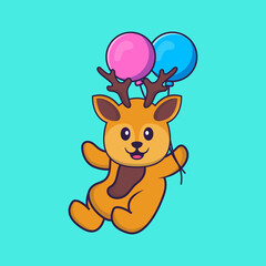 Cute deer flying with two balloons. Animal cartoon concept isolated. Can used for t-shirt, greeting card, invitation card or mascot. Flat Cartoon Style