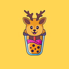 Cute deer Drinking Boba milk tea. Animal cartoon concept isolated. Can used for t-shirt, greeting card, invitation card or mascot. Flat Cartoon Style