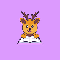 Cute deer reading a book. Animal cartoon concept isolated. Can used for t-shirt, greeting card, invitation card or mascot. Flat Cartoon Style