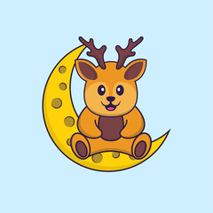 Cute deer is sitting on the moon. Animal cartoon concept isolated. Can used for t-shirt, greeting card, invitation card or mascot. Flat Cartoon Style
