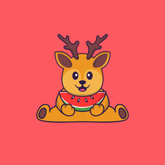 Cute deer eating watermelon. Animal cartoon concept isolated. Can used for t-shirt, greeting card, invitation card or mascot. Flat Cartoon Style