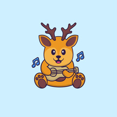 Cute deer playing guitar. Animal cartoon concept isolated. Can used for t-shirt, greeting card, invitation card or mascot. Flat Cartoon Style