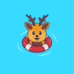 Cute deer is Swimming with a buoy. Animal cartoon concept isolated. Can used for t-shirt, greeting card, invitation card or mascot. Flat Cartoon Style