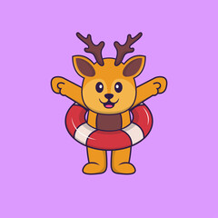 Cute deer using a float. Animal cartoon concept isolated. Can used for t-shirt, greeting card, invitation card or mascot. Flat Cartoon Style