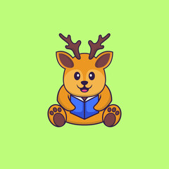 Cute deer reading a book. Animal cartoon concept isolated. Can used for t-shirt, greeting card, invitation card or mascot. Flat Cartoon Style
