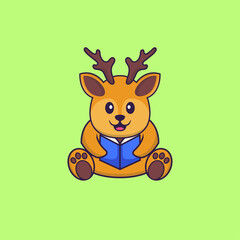Cute deer reading a book. Animal cartoon concept isolated. Can used for t-shirt, greeting card, invitation card or mascot. Flat Cartoon Style