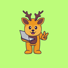 Cute deer holding laptop. Animal cartoon concept isolated. Can used for t-shirt, greeting card, invitation card or mascot. Flat Cartoon Style
