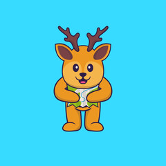 Cute deer holding a map. Animal cartoon concept isolated. Can used for t-shirt, greeting card, invitation card or mascot. Flat Cartoon Style
