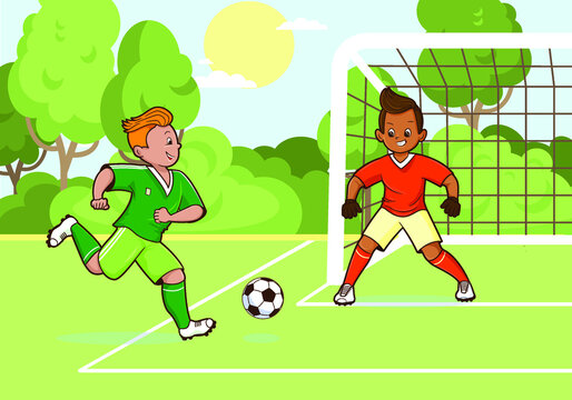 Teenage soccer players kicking soccer ball,green soccer field,soccer goal,background.Vector illustration in flat cartoon style comic
