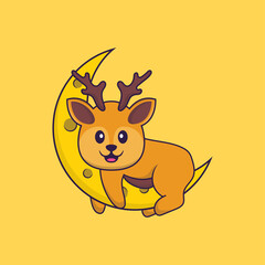 Cute deer is on the moon. Animal cartoon concept isolated. Can used for t-shirt, greeting card, invitation card or mascot. Flat Cartoon Style