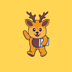 Cute deer holding a book. Animal cartoon concept isolated. Can used for t-shirt, greeting card, invitation card or mascot. Flat Cartoon Style