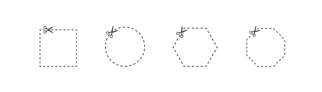 Coupon trim line icons set. Scissors icon. Vector line on white background