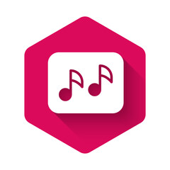 White Music note, tone icon isolated with long shadow background. Pink hexagon button. Vector