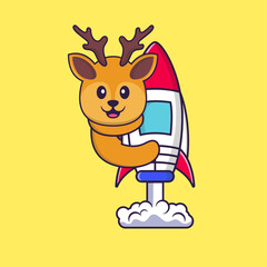 Cute deer flying on rocket. Animal cartoon concept isolated. Can used for t-shirt, greeting card, invitation card or mascot. Flat Cartoon Style